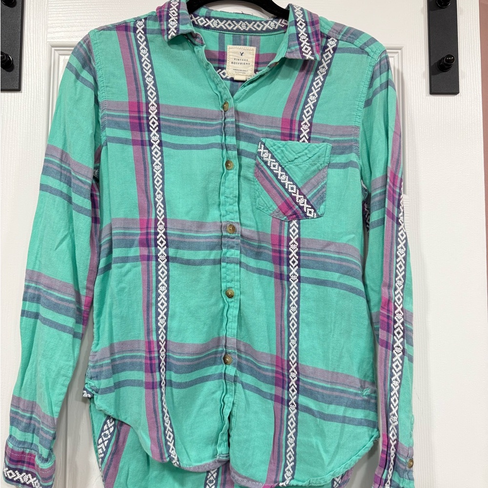 American Eagle Outfitters Turquoise and Purple Plaid Shirt